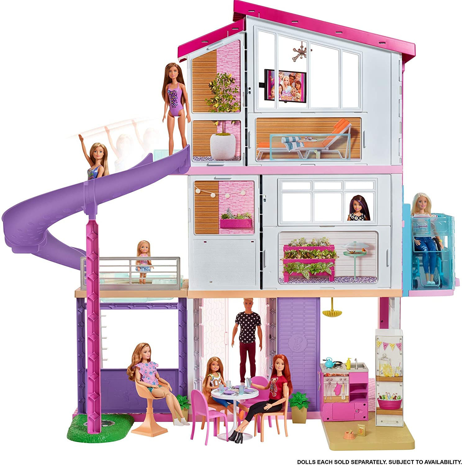 בית בובות ברבי ענק Barbie Dreamhouse כולל 70 אביזרים! רק ב₪799! 10 Barbie Dreamhouse Dollhouse with Wheelchair Accessible Elevator, Pool, Slide and 70 Accessories Including Furniture and Household Items
