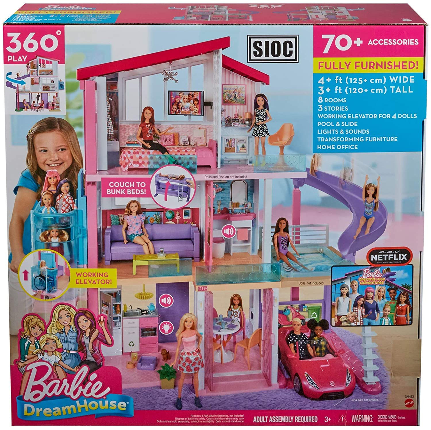 בית בובות ברבי ענק Barbie Dreamhouse כולל 70 אביזרים! רק ב₪799! 12 Barbie Dreamhouse Dollhouse with Wheelchair Accessible Elevator, Pool, Slide and 70 Accessories Including Furniture and Household Items