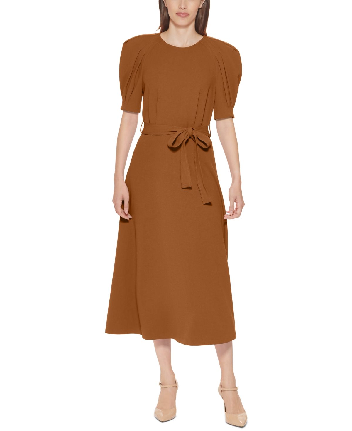 Calvin Klein Puff-Sleeve Belted Midi 