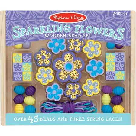 45 Melissa & Doug Sparkling Flowers Wooden Bead Set Beads and 3 Lacing Strings 
